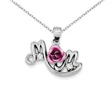 Pink Flower and Synthetic Cubic Zirconia Mom Pendant Necklace in Sterling Silver